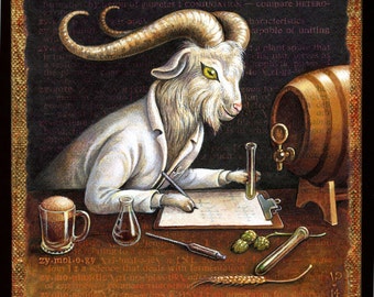 Craft beer art print, Zymology: Goat scientist analyzing home brew. Beer lover gift, man cave décor, alphabet letter Z, funny bar art