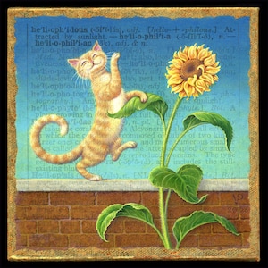 Sunny cat painting, Heliophilous: a sun-loving ginger kitty dancing with a sunflower on the garden wall. Gardener, cat lover, get well gift image 1