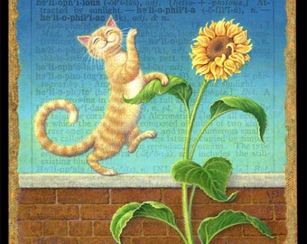 Sunny cat painting, Heliophilous: a sun-loving ginger kitty dancing with a sunflower on the garden wall. Gardener, cat lover, get well gift