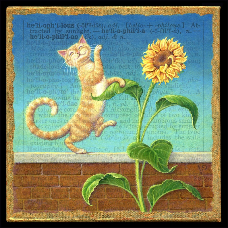 Sunny cat painting, Heliophilous: a sun-loving ginger kitty dancing with a sunflower on the garden wall. Gardener, cat lover, get well gift image 1