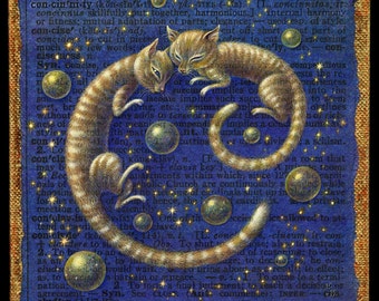Sleepy cat art print, Concinnity: Cozy kitty twins, stars and planets. Celestial art, Alphabet letter C, Cat lover gift, A Word A Day