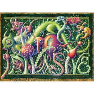 Pop surrealism art print 8x10 Invasive: Creepy-cute creatures & plant oddities in a mysterious fantasy landscape. Maximalist art, monsters image 1