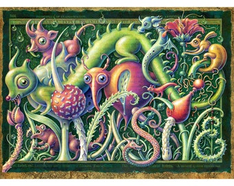 Pop surrealism art print ~8x10" Invasive: Creepy-cute creatures & plant oddities in a mysterious fantasy landscape. Maximalist art, monsters