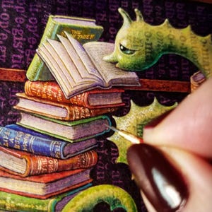 Bookworm art print, Bibliophile: Fantasy green book worm, books, bookshelves. Librarian, reader, booklover, student, teacher gift, literary image 2