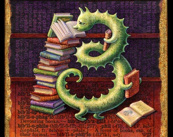 Bookworm art print, Bibliophile: Fantasy green book worm, books, bookshelves. Librarian, reader, booklover, student, teacher gift, literary