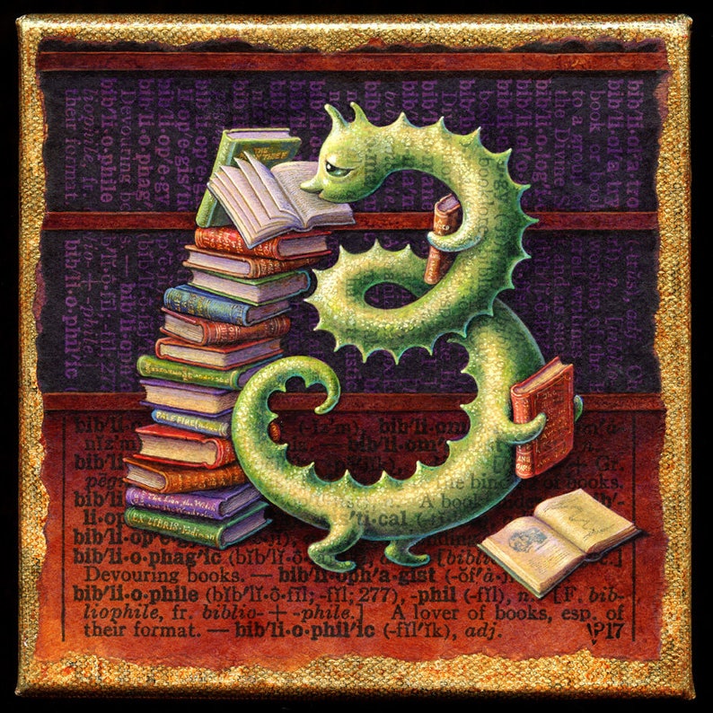 Bookworm art print, Bibliophile: Fantasy green book worm, books, bookshelves. Librarian, reader, booklover, student, teacher gift, literary image 1