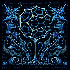 May include: Intricate blue illustration on a black background, featuring a central geometric structure resembling a tree. The artwork includes stylized flora, fauna, and text, creating a detailed and artistic composition. The text reads "Various Forms and Uses of Carbon."