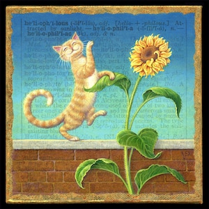 May include: A cheerful orange tabby cat with green eyes is perched on a brick wall, reaching up to touch a large yellow sunflower with green leaves. The background is a blue page of a dictionary with text about heliophilous, a word related to sunlight.