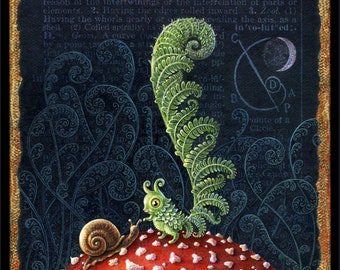 Cute mushroom art print, Involute: A curious curly fiddlehead fern-creature greets a snail atop a magic mushroom. Cottagecore decor, oddity