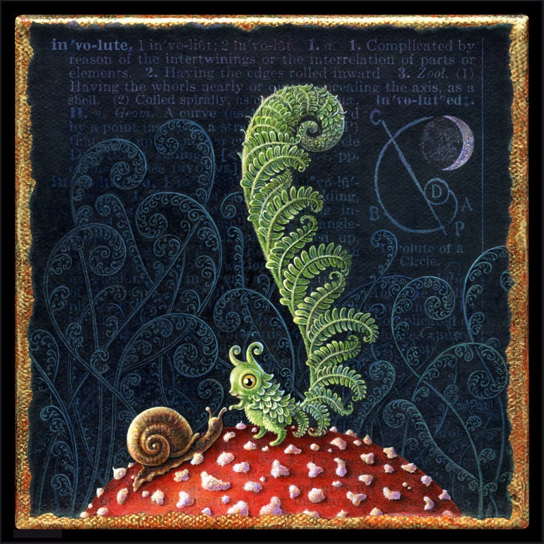 Cute mushroom art print, Involute: A curious curly fiddlehead fern-creature greets a snail atop a magic mushroom. Cottagecore decor, oddity image 1