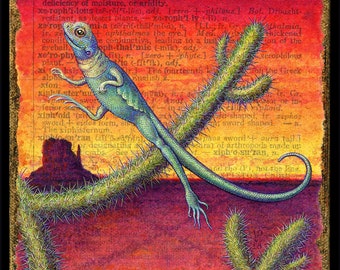 Desert painting, Xeric: A blue lizard leaps over cacti against a desert sunset. Southwestern decor, cactus art, nature lover gift. letter X