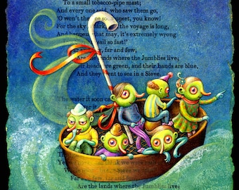Nursery sailing art print ~8x6, Jumblies: Cute creatures in sailboat. Whimsical illustration of Edward Lear. Nautical fantasy art, Letter J