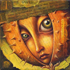 May include: A close-up of a painting of a face with large green eyes. The face is partially obscured by a brown, spiky, leaf-like shape. The background is a yellowed piece of paper with text that reads "THE OWL. HE owl is one of the birds that is very rarely seen. The reason is because of his secluded habits and his dislike to facing the light. It must be some very unusual circumstance that can bring him out in the daytime."