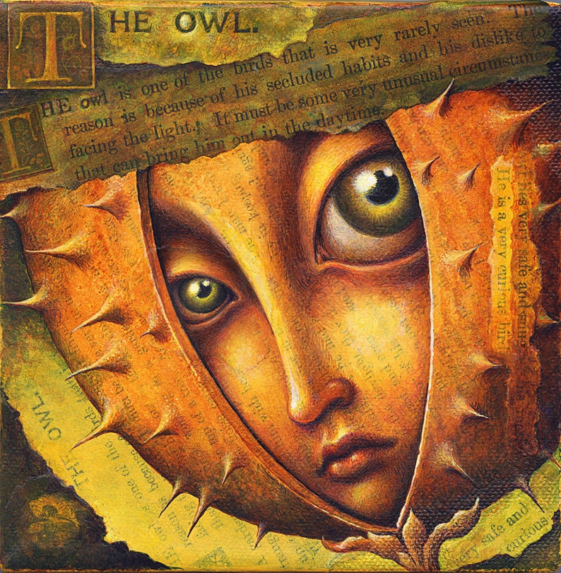 May include: A close-up of a painting of a face with large green eyes. The face is partially obscured by a brown, spiky, leaf-like shape. The background is a yellowed piece of paper with text that reads "THE OWL. HE owl is one of the birds that is very rarely seen. The reason is because of his secluded habits and his dislike to facing the light. It must be some very unusual circumstance that can bring him out in the daytime."