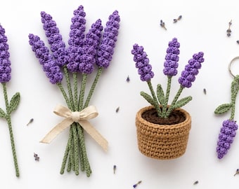 Lavender Crochet Pattern PDF, 4-in-1 Flower Bouquet, Potted Plant, Stem & Keychain for Beginners
