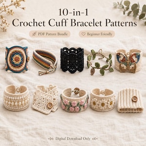 Puede incluir: Una colección de 10 patrones de pulseras tipo brazalete a crochet presentados como descarga digital. La imagen muestra varios diseños que incluyen un mandala, rayas arcoíris, encaje negro, enredaderas, una mariposa, perlas, flores y botones.
