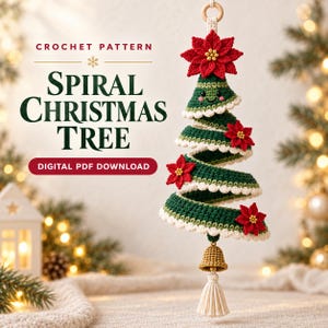 Spiral Christmas Tree Crochet Pattern PDF, Hanging Wind Spinner Ornament with Poinsettias and Bell