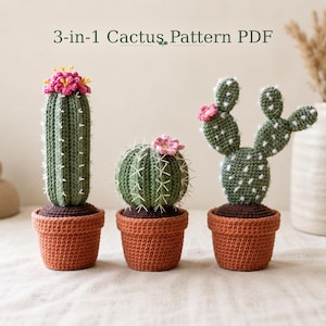 Mini-Häkelkaktus-Anleitung (PDF), 3-in-1-Häkelkaktus-Set (Amigurumi-Pflanze im Topf), Anfänger-Tutorial für Schreibtischdeko, Sofort-Download