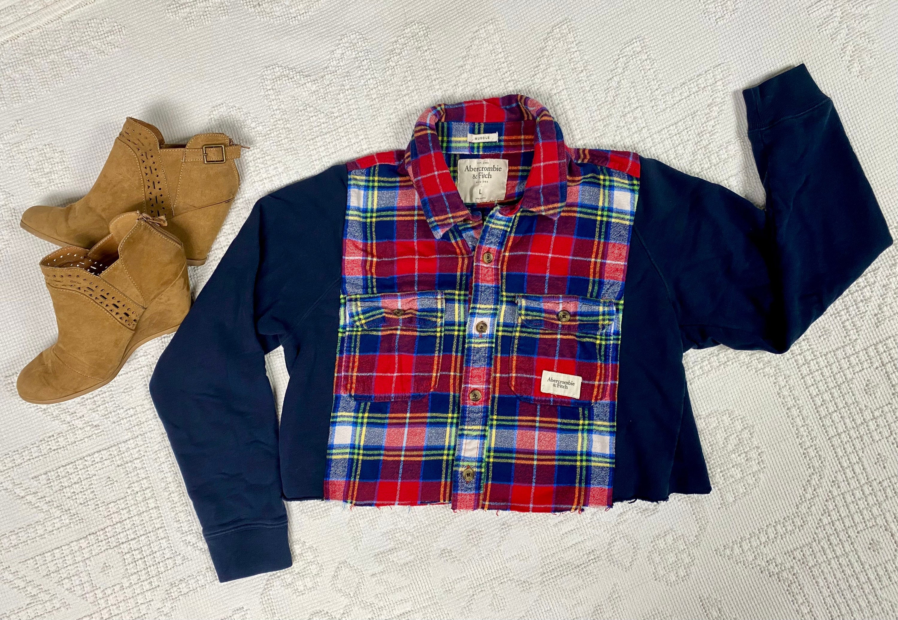 Reworked Cropped Abercrombie Flannel, Cropped Shacket, Sweatshirt, One of a  Kind, Gift for Her, Cozy and Soft 