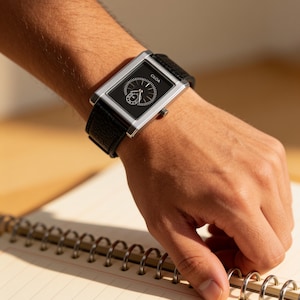 Puede incluir: Un reloj de pulsera rectangular con caja de metal plateado y esfera negra que muestra el nombre de la marca CILOA. El reloj tiene una correa de cuero negro texturizado con costuras visibles y una pequeña corona en el lado derecho.