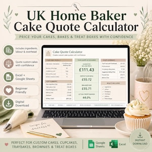 UK Home Baker Cake Quote Calculator, Cake Pricing Spreadsheet, Cupcake Brownie Traybake Cost Calculator