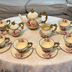 Complete 15-piece Floral Tea Set with Pink Roses and Heavy Gold Leaf