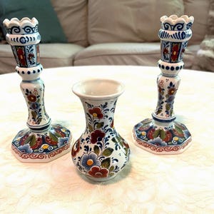 Pair of Oud Delft Polychrome Candlestick Holders with Matching Bud Vase