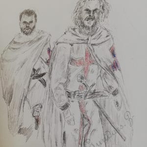 May include: A pencil and colored pencil drawing depicting two figures dressed in medieval-style tunics and cloaks, each featuring a prominent red cross on the chest. The figures have beards and long hair, and the signature "Gundars. B" is visible.