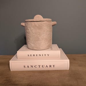 May include: A light beige, textured ceramic jar with a lid and two side handles, resting on top of two stacked white books. The top book has the word SERENITY printed on its spine, and the bottom book has the word SANCTUARY printed on its spine.