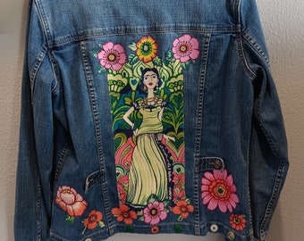 Women's Denim Jean Jacket - Embellished Frida Kahlo - Size Medium Christoper & Banks