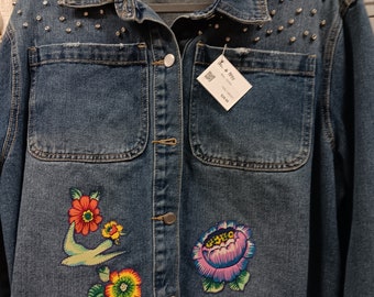 Women's Cato Denim Jean Jacket - Embellished Frida Kahlo Fabric - Size Extra Large