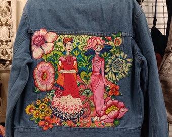 Women's Denim Jean Jacket - Embellished Frida Kahlo Fabric - Size Medium