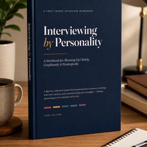 Pode incluir: Um livro de exercícios de capa dura azul-escuro intitulado Interviewing by Personality, A Trait-Based Interview Workbook. A capa apresenta texto em branco e laranja, um subtítulo e uma linha de seis pequenos retângulos coloridos.