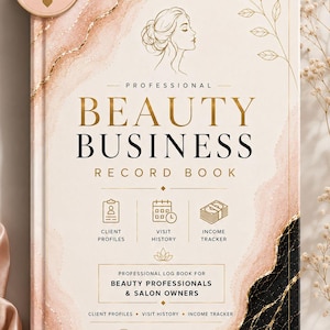 May include: A professional beauty business record book with 150 pages. The cover features a cream background with pink and black marble accents, gold line art of a woman, and text including Professional Beauty Business Record Book.