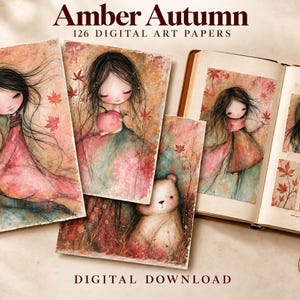 Può includere: Una collezione di carte d'arte digitali intitolata Amber Autumn 126 Digital Art Papers, con illustrazioni di una ragazza dai lunghi capelli scuri, foglie autunnali e un orso. Il set include fogli stampati e un libro aperto con immagini.