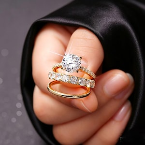 Three-Piece Bridal Ring Set | Round Cut Solitaire Engagement Ring + Eternity Band Stack