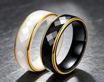 Ceramic Faceted Tungsten Steel Ring, Minimalist Men Women Anniversary Gift,Hypoallergenic Matching Promise Rings
