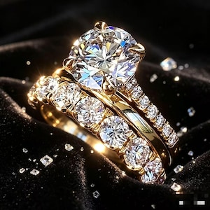 May include: A gold ring set consisting of a large round-cut centre stone held by four prongs, accompanied by a matching band featuring a row of smaller round-cut stones. Both pieces are crafted from polished yellow gold with clear, faceted stones.