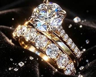 Three-Piece Bridal Ring Set | Round Cut Solitaire Engagement Ring + Eternity Band Stack