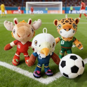 Könnte beinhalten: Drei Plüschtiere stehen auf einem Fußballfeld. Ein beigefarbener Elch im roten Trikot mit der Nummer 8, ein weißer Adler im blauen Trikot mit der Nummer 10 und ein gefleckter Leopard im grünen Trikot mit der Nummer 9, neben einem schwarz-weißen Fußball.