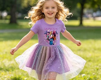Kpop Demon Hunters Huntrix Mädchen Tutu Kleid | Sommer Kurzarm Casual Prinzessin Kleid für Kinder | Stern Mond Tüll Partykostüm