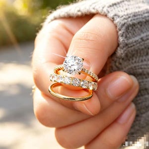 May include: A set of three gold rings stacked together. The top ring features a large round brilliant-cut centre stone with a pavé band. The middle ring is a band set with round stones, and the bottom ring is a plain, polished gold band.