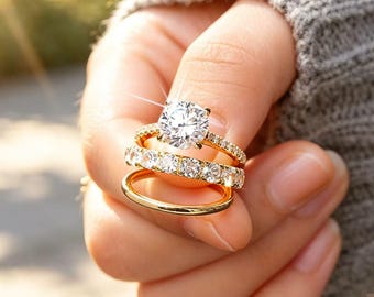 3Pcs Zircon Bridal Ring Stack, Solitaire Engagement & Wedding Band Set, Sparkly Party Stackable Rings for Women