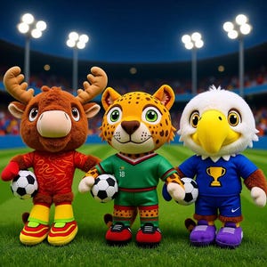 May include: Three plush animal toys standing on a football pitch. A brown moose in a red jersey, a yellow and black spotted leopard in a green jersey with the number 18, and a white eagle in a blue jersey with a trophy graphic, each holding a football.