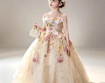 Floral Champagne Girl Pageant Gown, Handmade Sequin Tulle Flower Wedding Birthday Party Princess Formal Outfit with Matching Bow Headpiece
