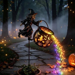 May include: A black witch figurine mounted on a metal stake, holding a dark cauldron with cut-out patterns of witches, bats, and spiderwebs. The cauldron emits a cascading stream of multi-colored LED fairy lights that illuminate the ground.