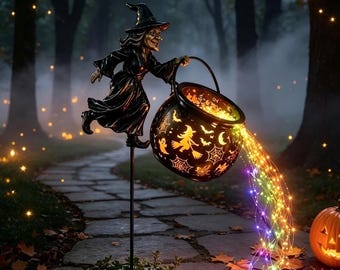 Halloween Witch Cauldron Garden Light Decor Light Solar-Powered Witch Light Bubbling Potion Witch Cauldron Light Outdoor Yard Gift