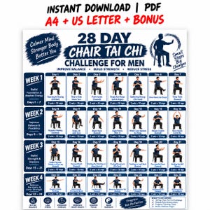 May include: A 28-day chair Tai Chi challenge chart for men, featuring a grid of daily exercise illustrations with text labels. The document includes sections for four weeks of movements, instructions for sets and repetitions, and wellness icons.