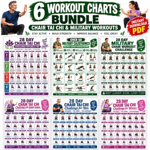 May include: A bundle of six workout charts featuring 28-day chair Tai Chi and military calisthenics routines. Each chart displays daily exercise illustrations, instructional text, and progress tracking grids for various fitness goals.
