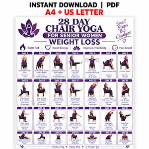 May include: A 28-day chair yoga exercise chart for weight loss, featuring purple text and illustrations of yoga poses on a white background. The document includes labels for A4 and US Letter sizes, daily workout instructions, and icons.